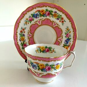Rare Vtg Crown Staffordshire Bone China Teacup and Saucer Pink and Floral Sprays